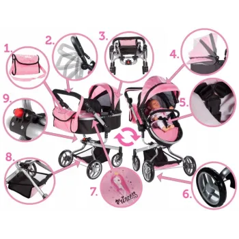 Składany wózek dla lalek z lekką, metalową konstrukcją