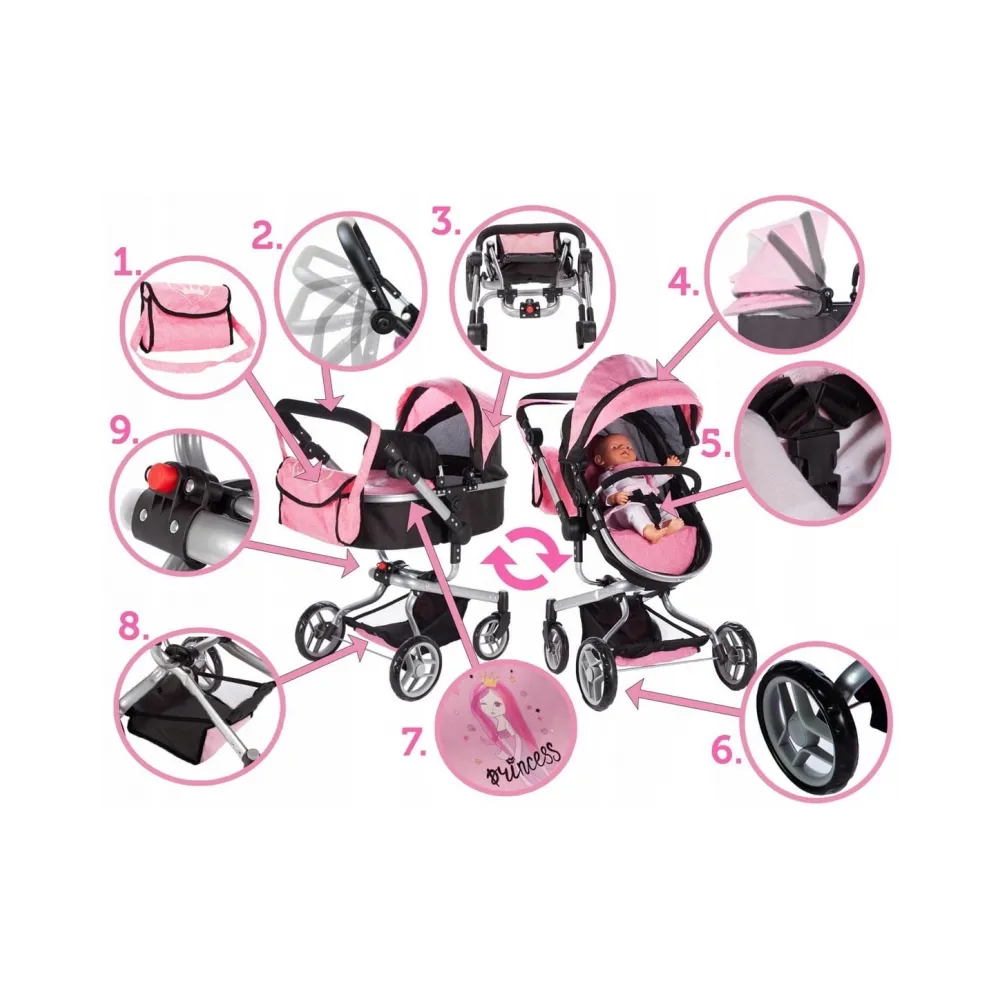 Składany wózek dla lalek z lekką, metalową konstrukcją
