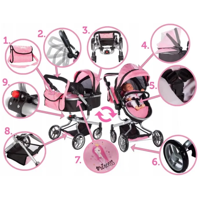 Składany wózek dla lalek z lekką, metalową konstrukcją
