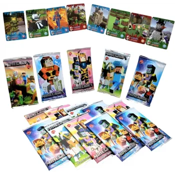 Karty kolekcjonerskie Minecraft z postaciami i lokacjami popularnej gry