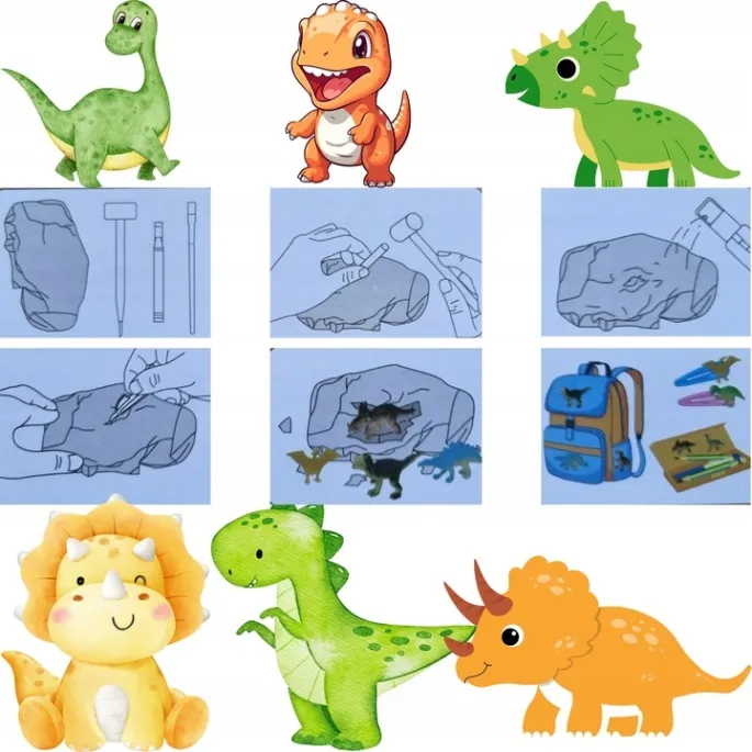 Skamielina dinozaura w kamieniu z narzędziami archeologa dla młodych odkrywców