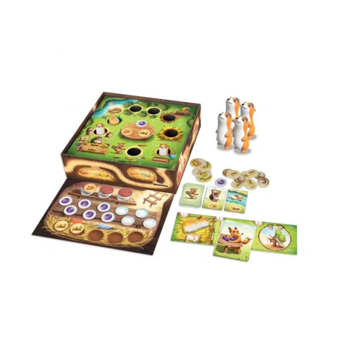 Elementy gry Puchata Dolina: plansze, karty i żetony w kolorowej oprawie