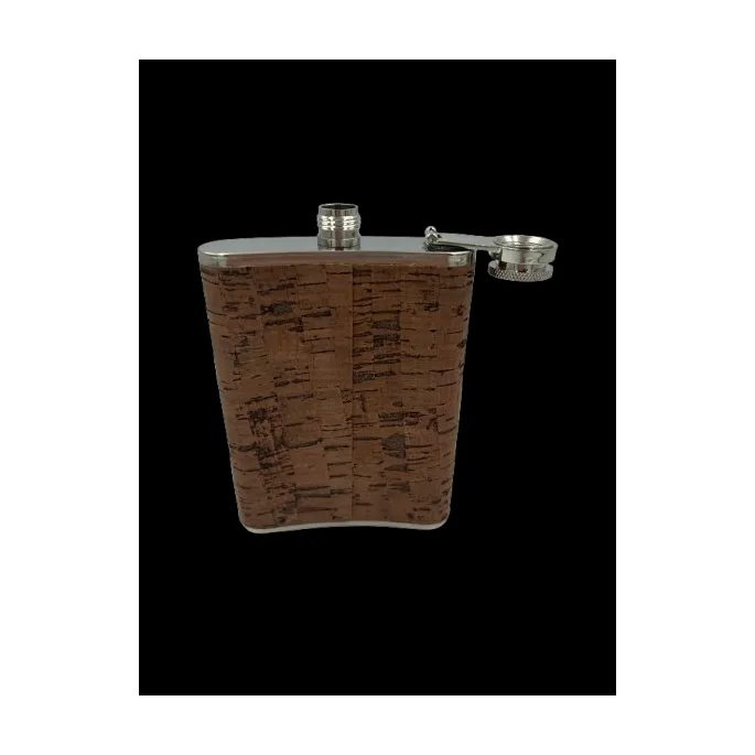 Metalowa piersiówka z ciemnym korkiem, idealna na podróż i outdoor