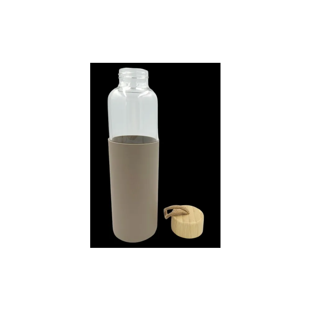 Butelka szklana z uchwytem i silikonową osłoną w kolorze beżowym 550 ml