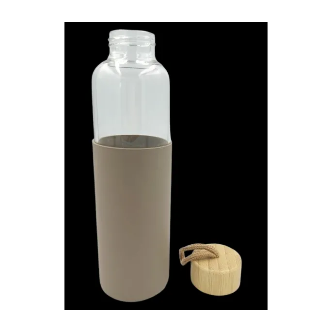 Butelka szklana z uchwytem i silikonową osłoną w kolorze beżowym 550 ml