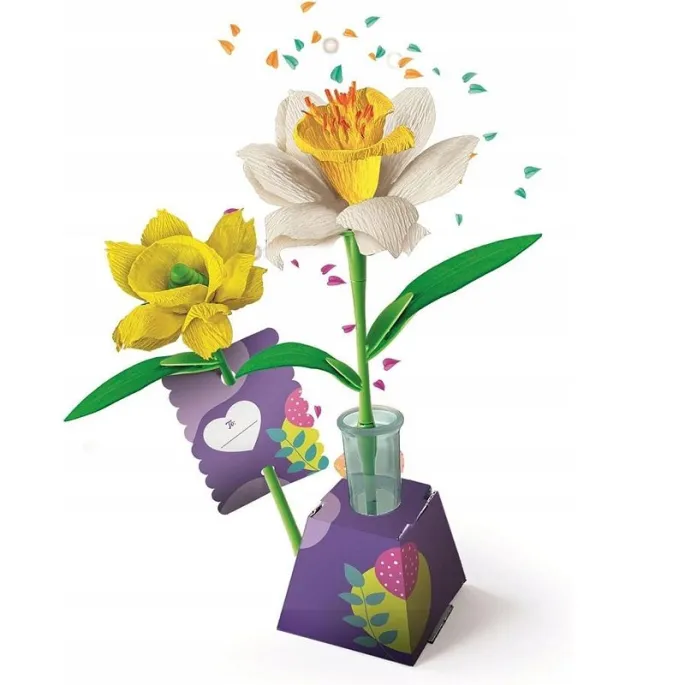 Modele żonkili i narcyzów z zestawu kreatywnego Clementoni, widoczne akcesoria