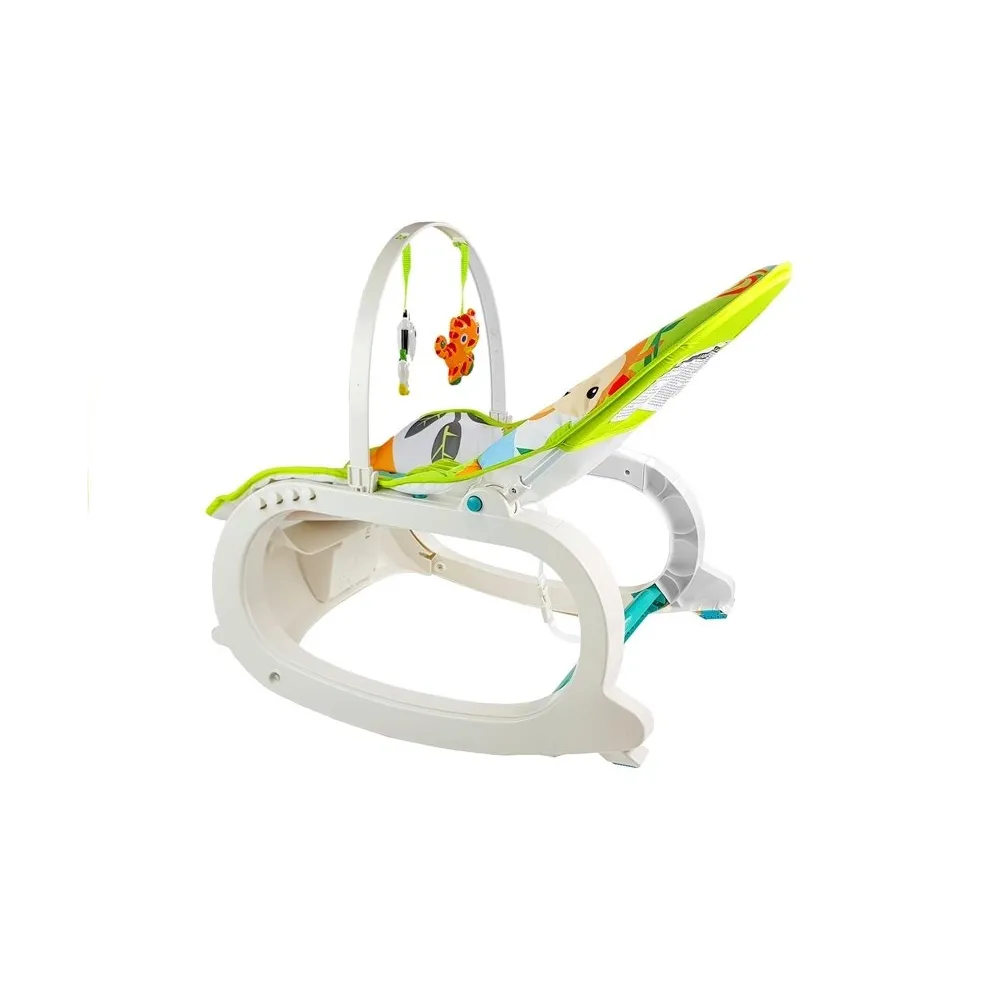 Leżaczek dla maluszka w kolorach bieli i zieleni z łatwym praniem pokrowca