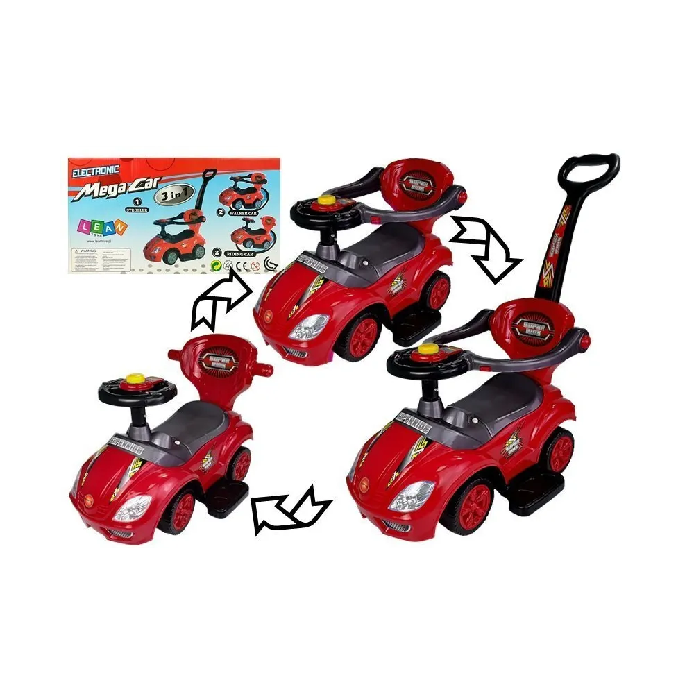 Czerwony jeździk Mega Car 3w1 z pchaczem dla dzieci na zewnątrz
