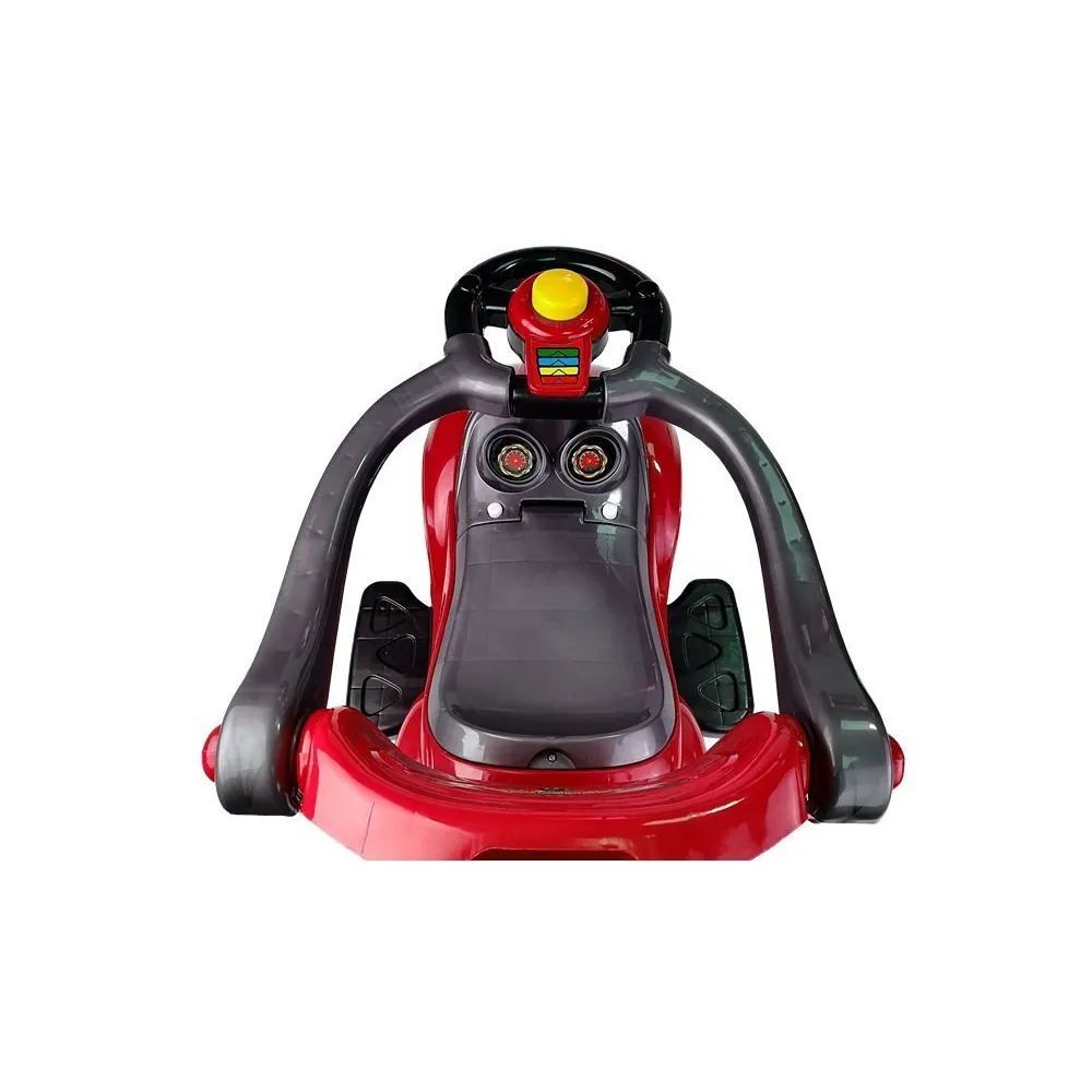 Widok z boku na plastikowy dziecięcy samochodzik z barierkami ochronnymi