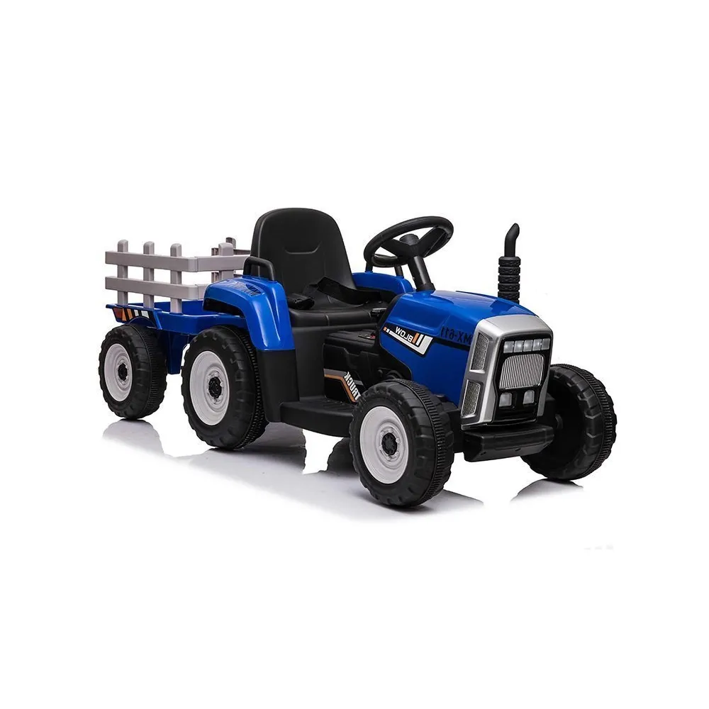 Niebieski traktor elektryczny dla dzieci z przyczepą XMX611 widok z boku