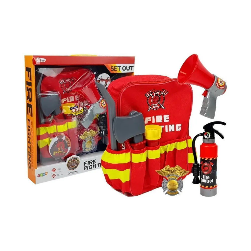 Zestaw strażaka z plecakiem i akcesoriami dla dzieci, kolor czerwony