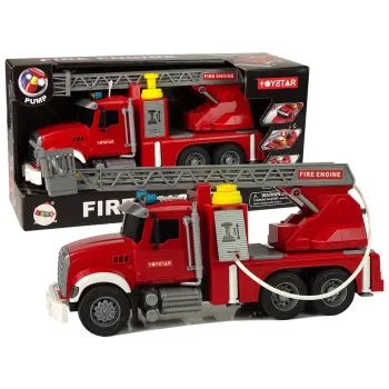 Czerwona ciężarówka straży pożarnej z wężem wodnym dla dzieci