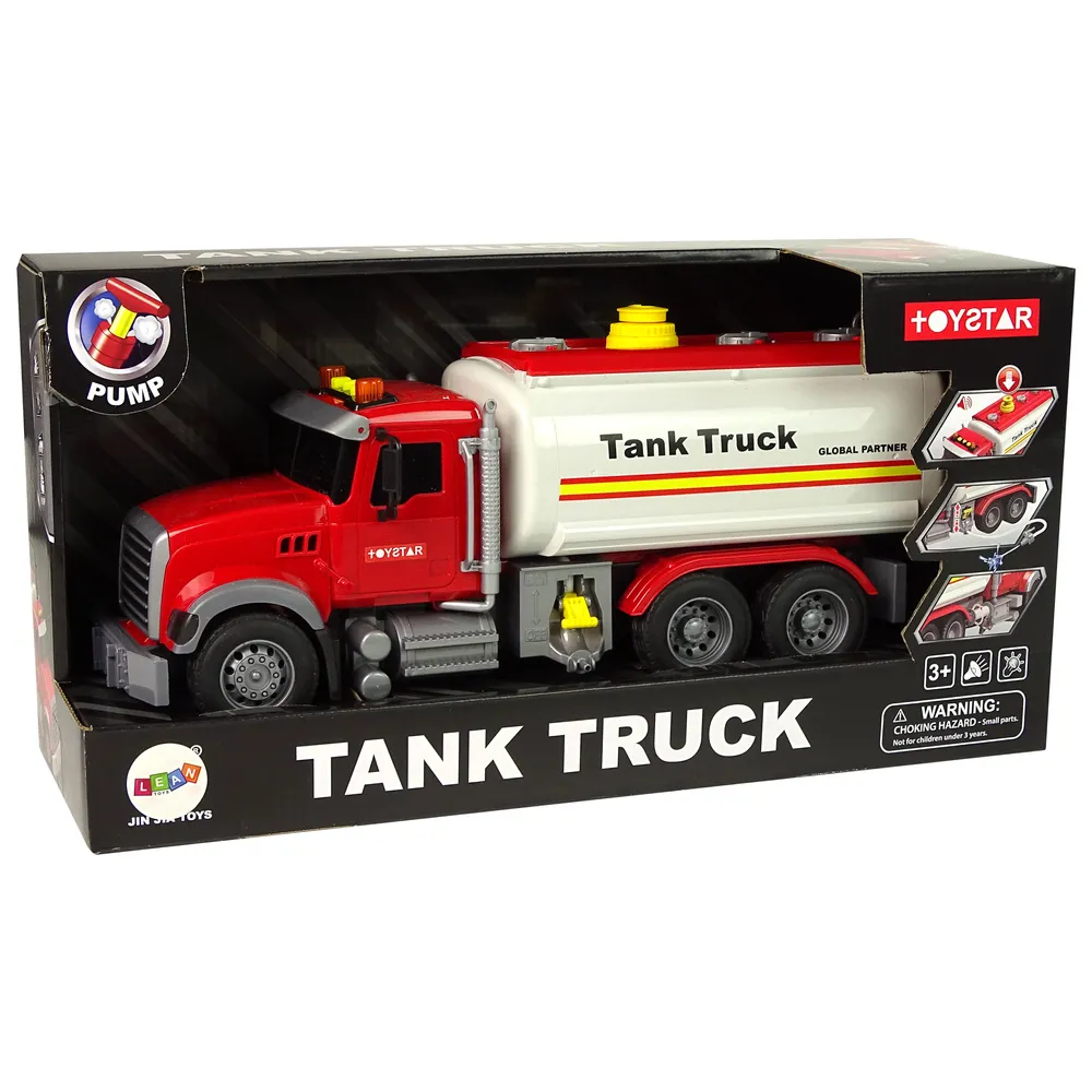 Zabawka ciężarówka cysterna z wężem do podlewania i sygnałami świetlnymi
