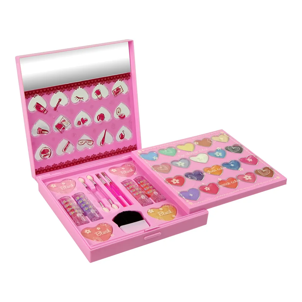 zbliżenie na kolorowe cienie, szminki i błyszczyki w paletce