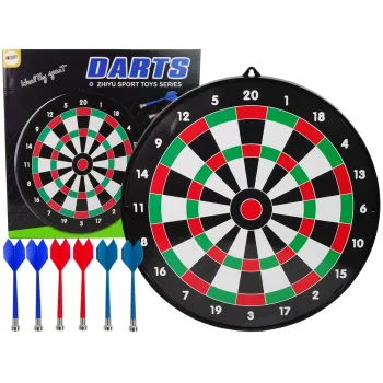 Tarcza dart z sześcioma rzutkami magnetycznymi na tle opakowania