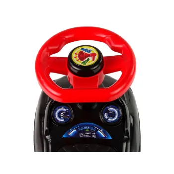 Zbliżenie na naklejki reflektorów i grill dziecięcego jeździka