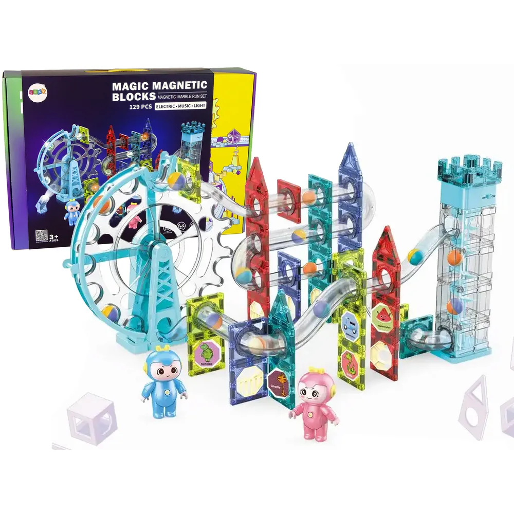 Widok całego zestawu świecącej zjeżdżalni dla kulek z klockami magnetycznymi