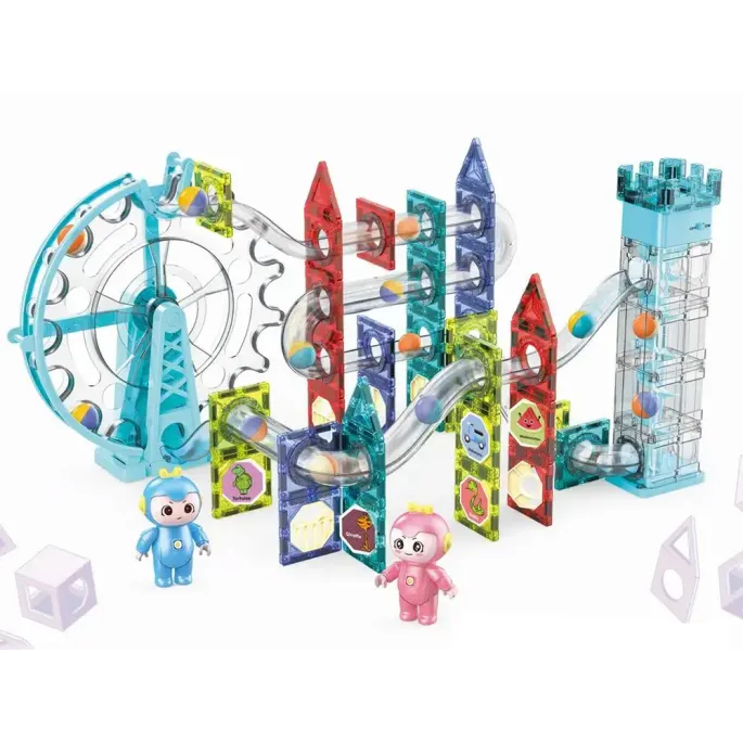 Zbliżenie na diabelski młyn i elektryczną windę z podświetleniem LED