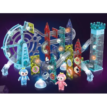 Kolorowe elementy magnetyczne budujące tor kulkowy, podświetlone diodami