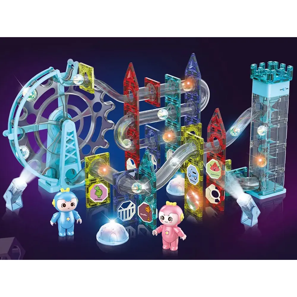 Kolorowe elementy magnetyczne budujące tor kulkowy, podświetlone diodami