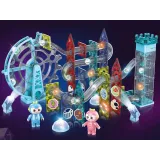 Kolorowe elementy magnetyczne budujące tor kulkowy, podświetlone diodami