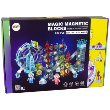 Dwie kosmiczne figurki na tle transparentnych, świecących klocków