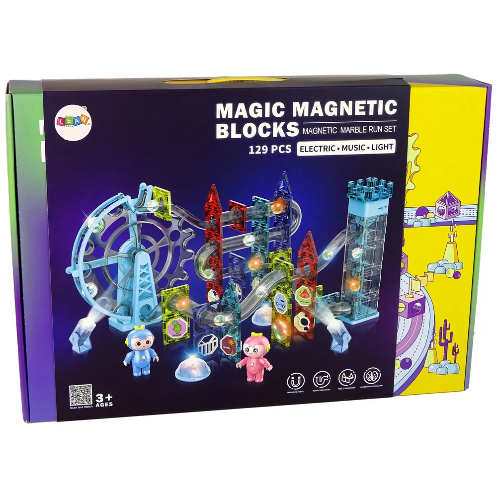 Dwie kosmiczne figurki na tle transparentnych, świecących klocków