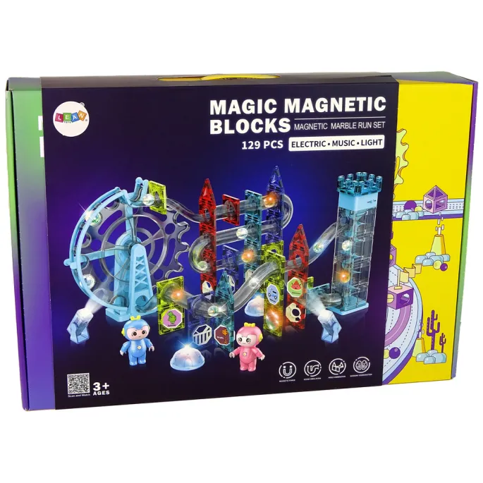 Dwie kosmiczne figurki na tle transparentnych, świecących klocków