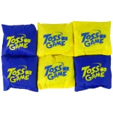 Plansza gry kółko i krzyżyk z żółtymi i niebieskimi woreczkami