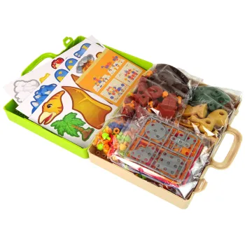 Plansza z elementami wulkanu, drzew i innych dinozaurów