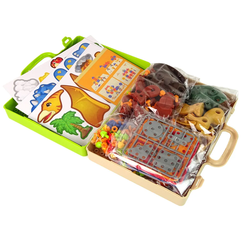 Plansza z elementami wulkanu, drzew i innych dinozaurów