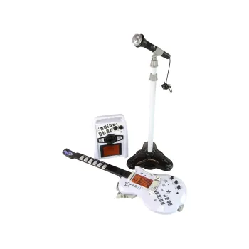 elementy zestawu muzycznego dla dzieci: gitara, mikrofon, głośnik i stojak