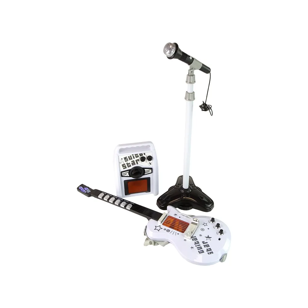 elementy zestawu muzycznego dla dzieci: gitara, mikrofon, głośnik i stojak