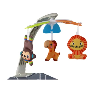 Leżaczek dziecięcy z białymi pasami bezpieczeństwa i regulowanym stoliczkiem