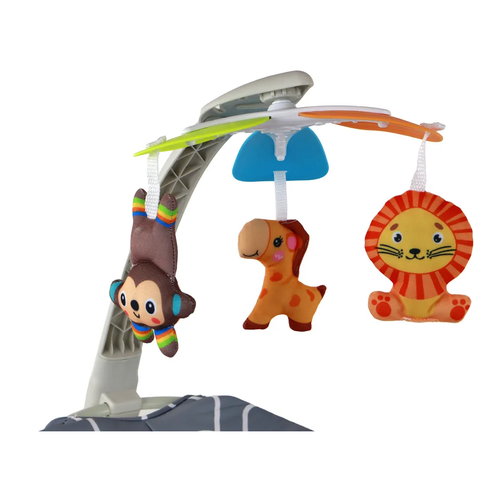 Leżaczek dziecięcy z białymi pasami bezpieczeństwa i regulowanym stoliczkiem