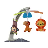 Leżaczek dziecięcy z białymi pasami bezpieczeństwa i regulowanym stoliczkiem