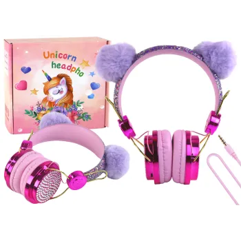 Słuchawki przewodowe dla dzieci w odcieniach różu z uszkami na opasce