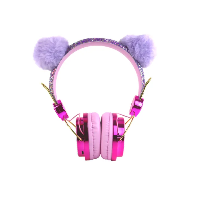 Zbliżenie na miękkie różowe nauszniki z cekinami i fioletowe uszka