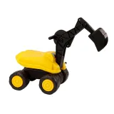 duża żółta koparka jeździk z czarną łyżką na tle białym