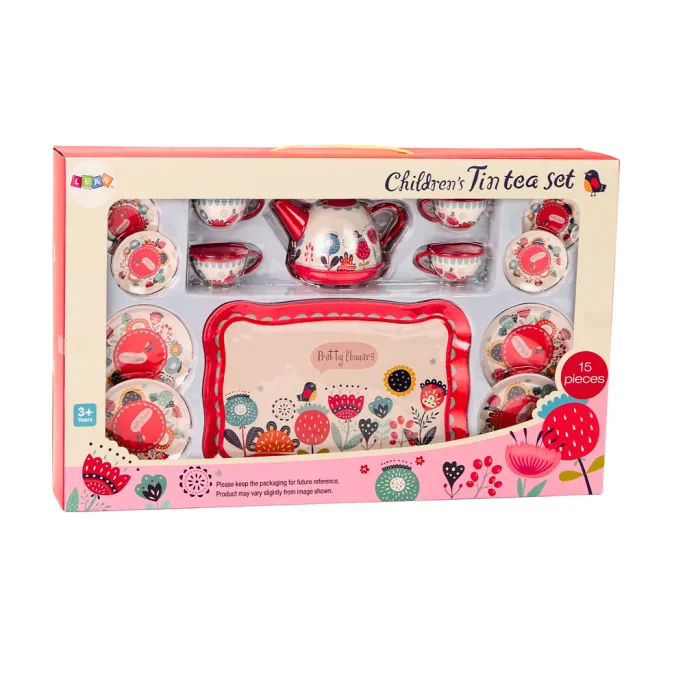 taca z talerzykami i filiżankami z zabawkowego kompletu kawowego