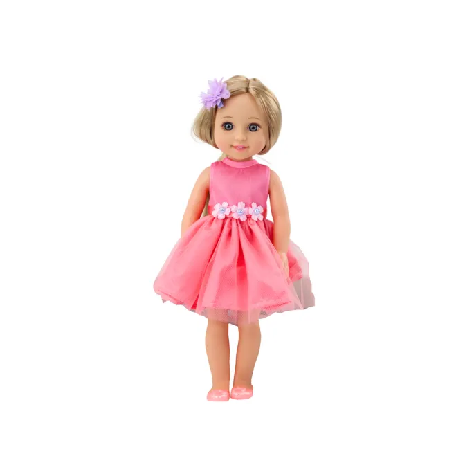 Zbliżenie na twarz lalki z delikatnym makijażem oraz modną fryzurą