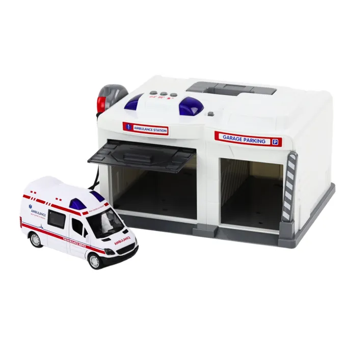 ambulans przy bazie ratunkowej na tle parkingu