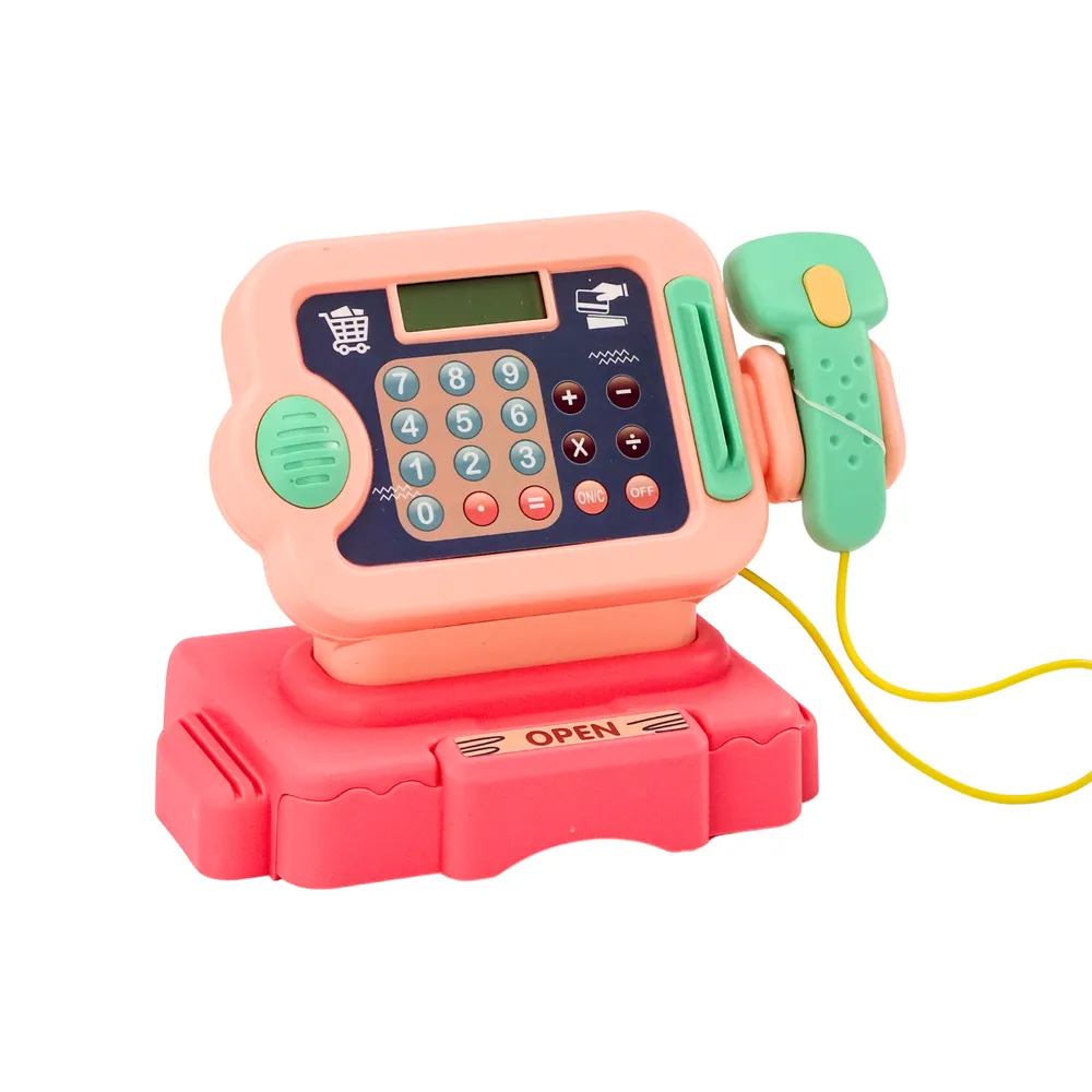 zbliżenie na panel z przyciskami i efektem świetlnym kasy zabawkowej