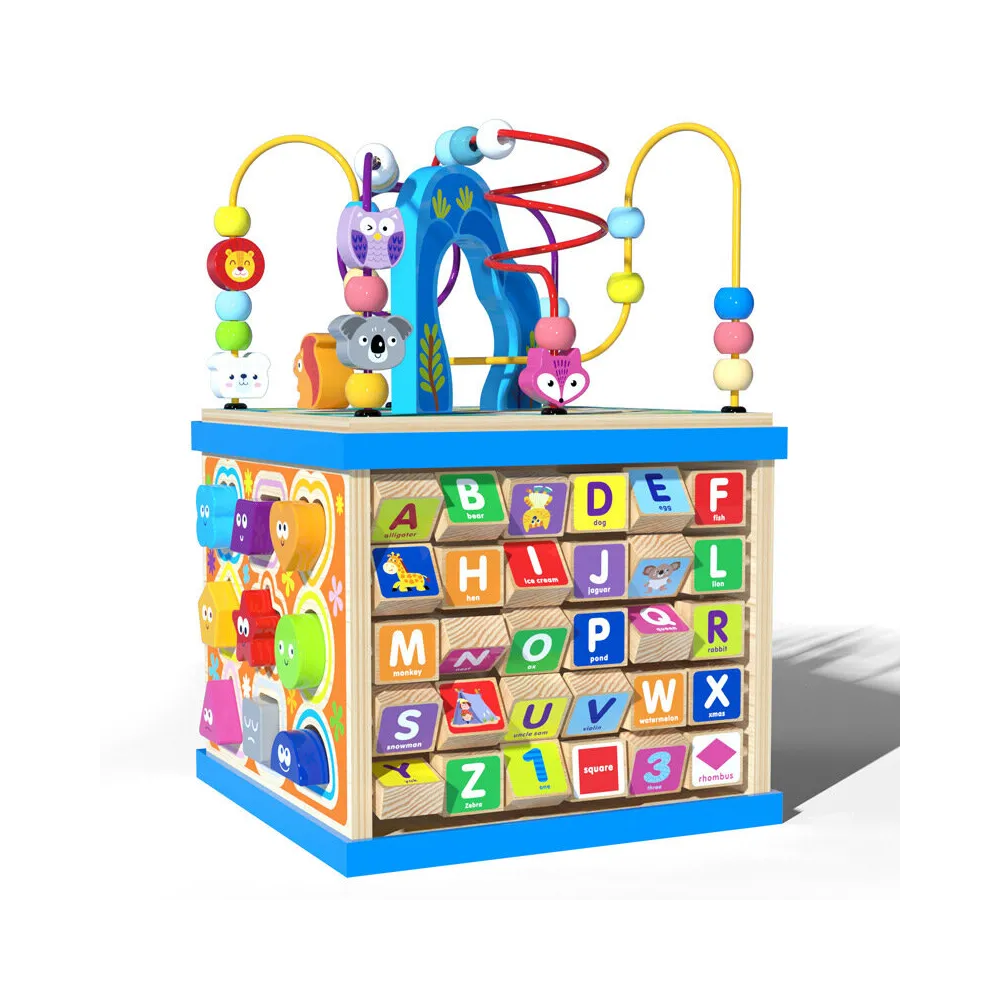 drewniana kostka edukacyjna z sorterem i kolorowymi elementami