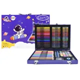 niebieska walizka z motywem kosmonauty i przyborami plastycznymi