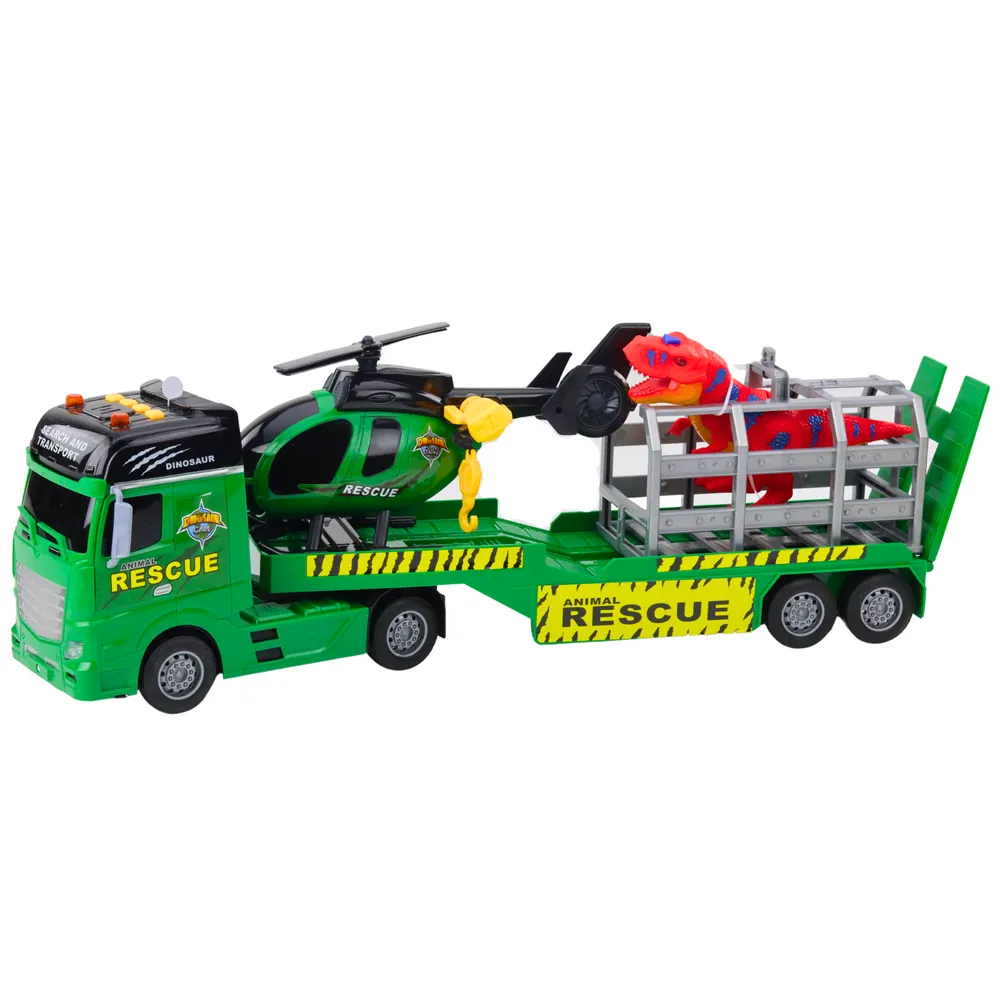 Detal zielonej ciężarówki z naczepą do przewozu dinozaura