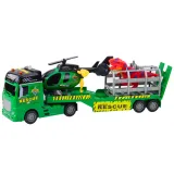 Detal zielonej ciężarówki z naczepą do przewozu dinozaura