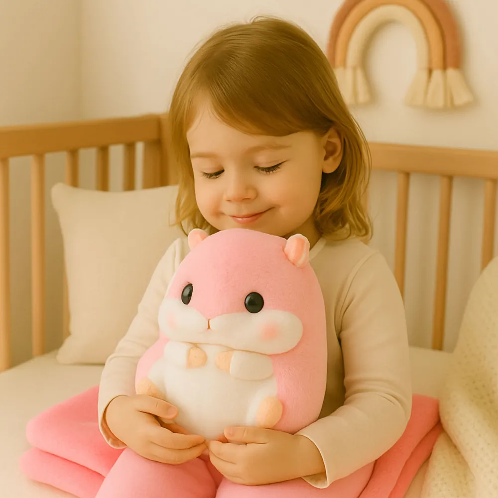 chomik maskotka z rozłożonym kocykiem 100 x 90 cm, aranżacja dziecięca