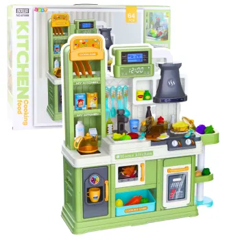 zielona kuchnia zabawkowa dla dzieci z 64 elementami na tle jasnego pokoju