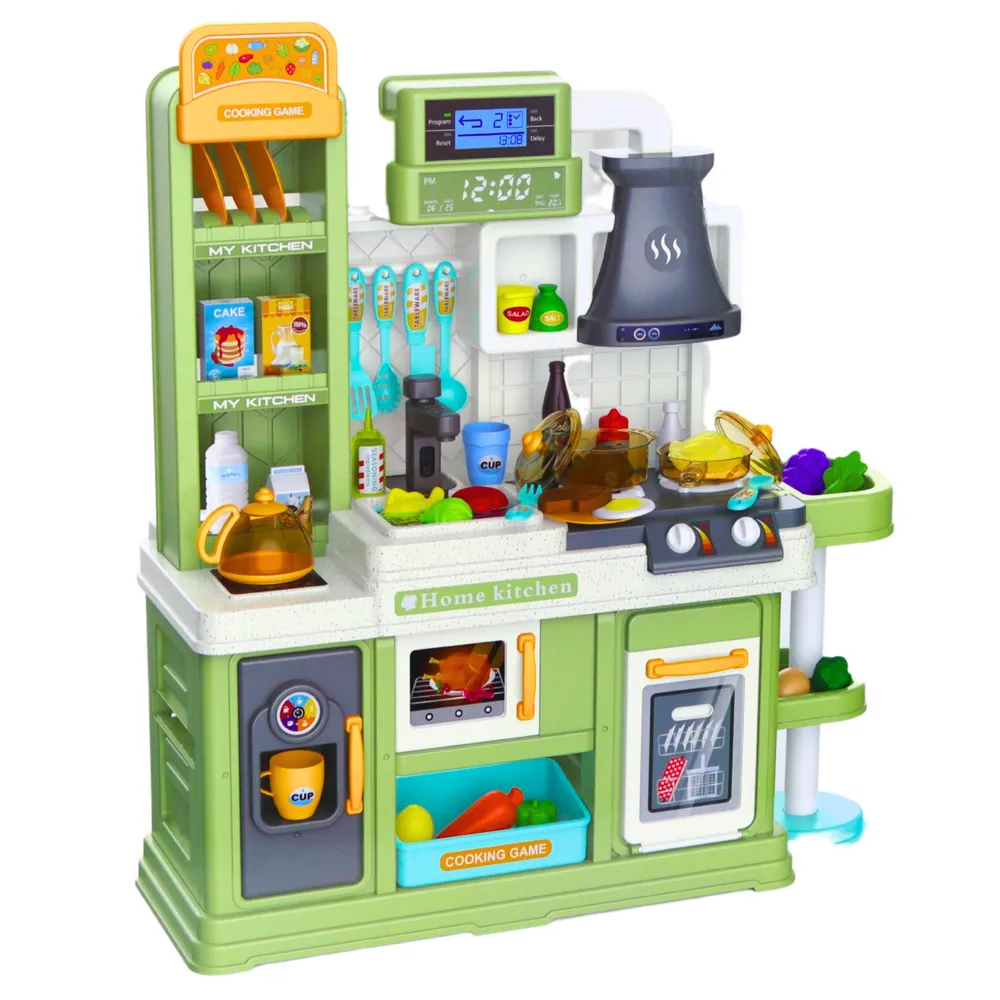 zestaw kuchenny dla dzieci z widocznymi akcesoriami i otwartymi półkami